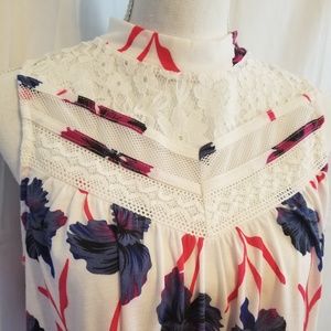 Lace Yoke High-Neck Floral Blouse